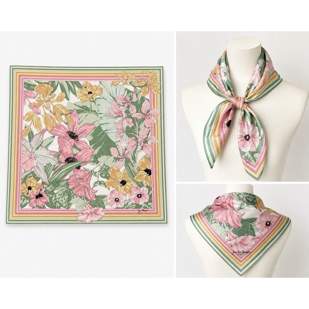 Jim Thompson Silk Floral Print Scarf Pink & Green Art To Wear Pastel EUC